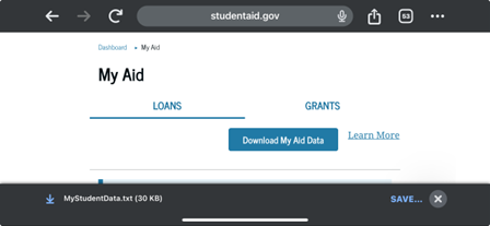 StudentAid.gov My Aid section showing Download My Aid Data button
